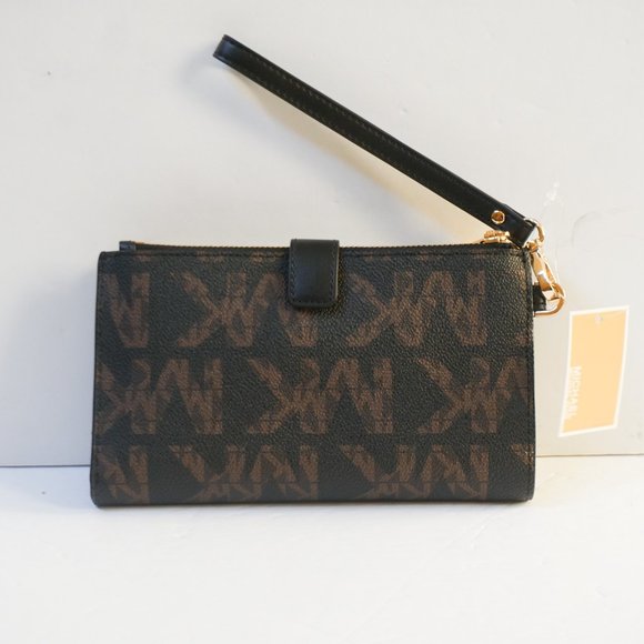 Michael Kors Jet Set Travel Graphic Logo Double Zip Wristlet MK Brown Black - Picture 2 of 8